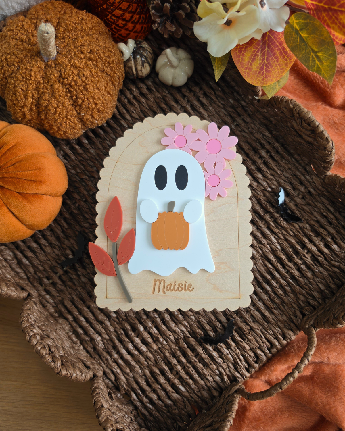 Floral Ghost Wooden Shelf Sitter - Personalised Acrylic Boo Basket Plaque