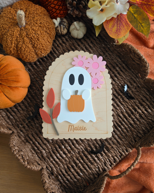 Floral Ghost Wooden Shelf Sitter - Personalised Acrylic Boo Basket Plaque