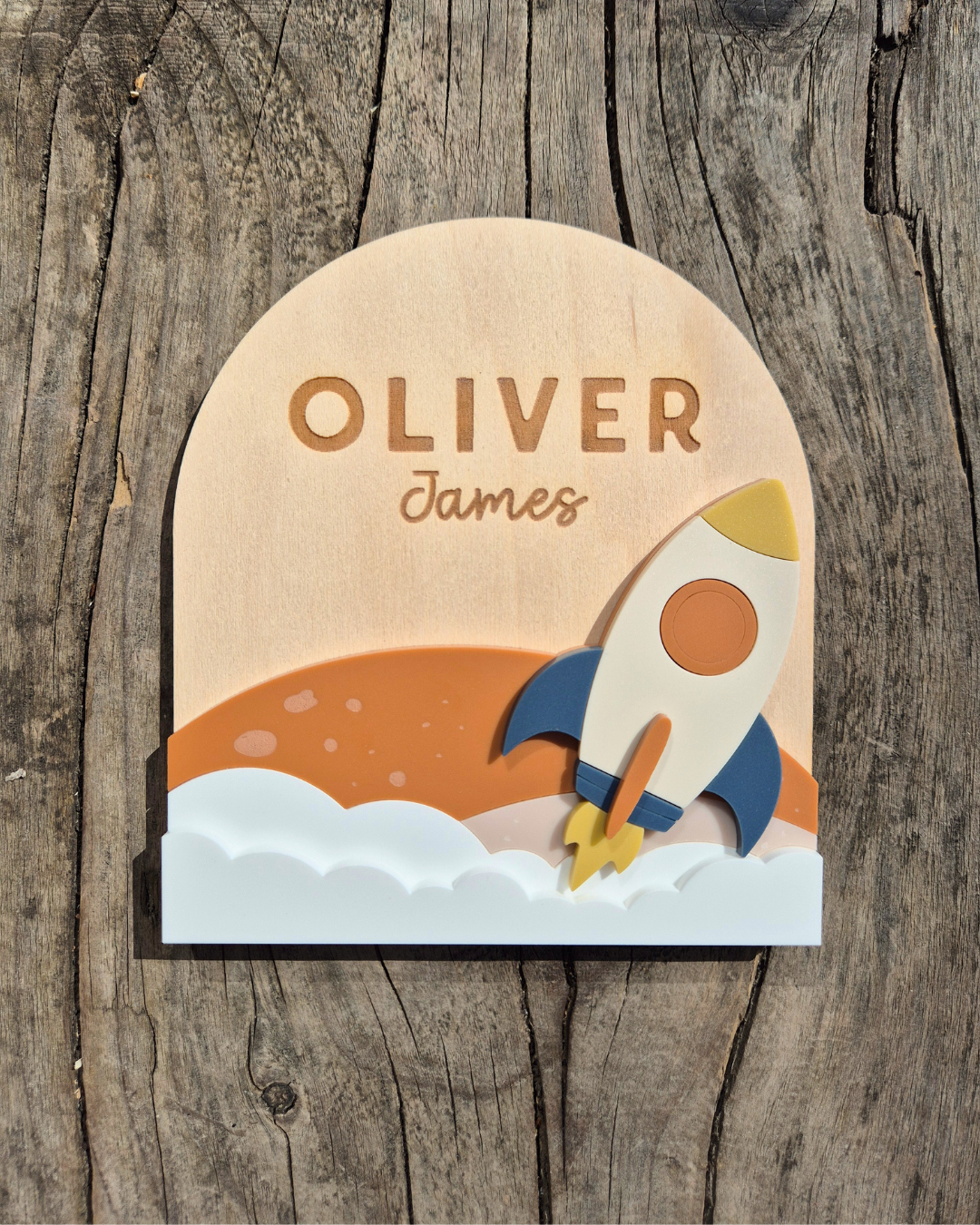 Space Rocket Birth Announcement - Wooden and Acrylic Personalised Name Sign