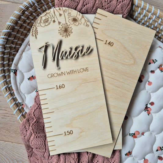 Personalised Wooden Height Chart - Floral Engraved Ruler for Nurseries and Playrooms