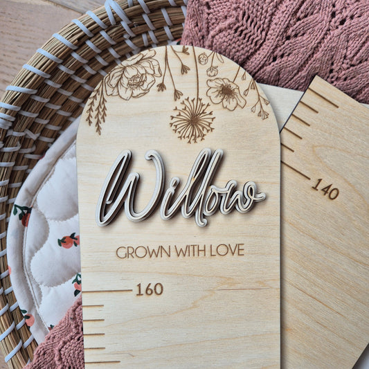 Personalised Wooden Height Chart - Floral Engraved Ruler for Nurseries and Playrooms