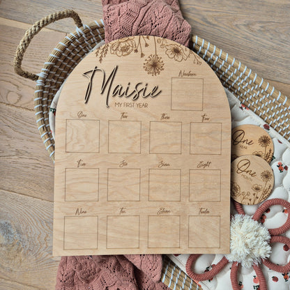 Floral My First Year Milestone Photo Board - First Birthday Photo Prop