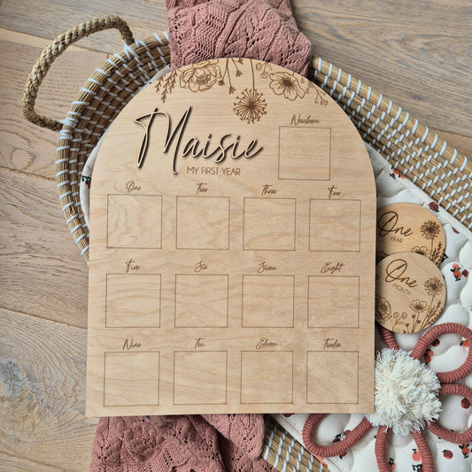 Floral My First Year Milestone Photo Board - First Birthday Photo Prop