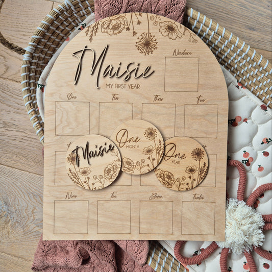 Floral My First Year Milestone Photo Board - First Birthday Photo Prop