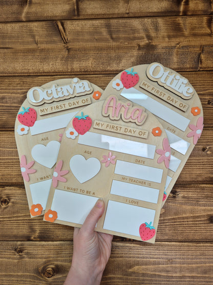 Personalised Strawberry Flowers Back to School Board - Reusable Wooden and Acrylic Sign