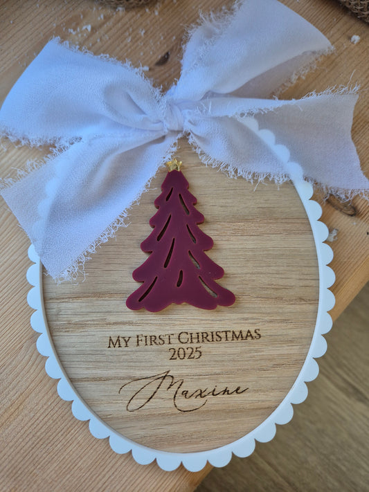 Personalised Merry Christmas Vintage Tree Ornament - Scalloped Edge Oak and Acrylic Baby Milestone Plaque or Stocking Tag