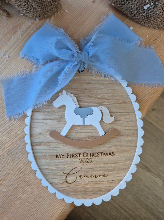 Personalised Merry Christmas Vintage Rocking Horse Ornament - Scalloped Edge Oak and Acrylic Baby Milestone Plaque or Stocking Tag