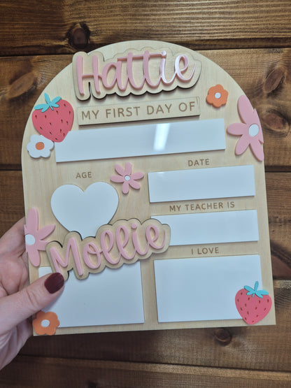 Personalised Strawberry Flowers Back to School Board - Reusable Wooden and Acrylic Sign