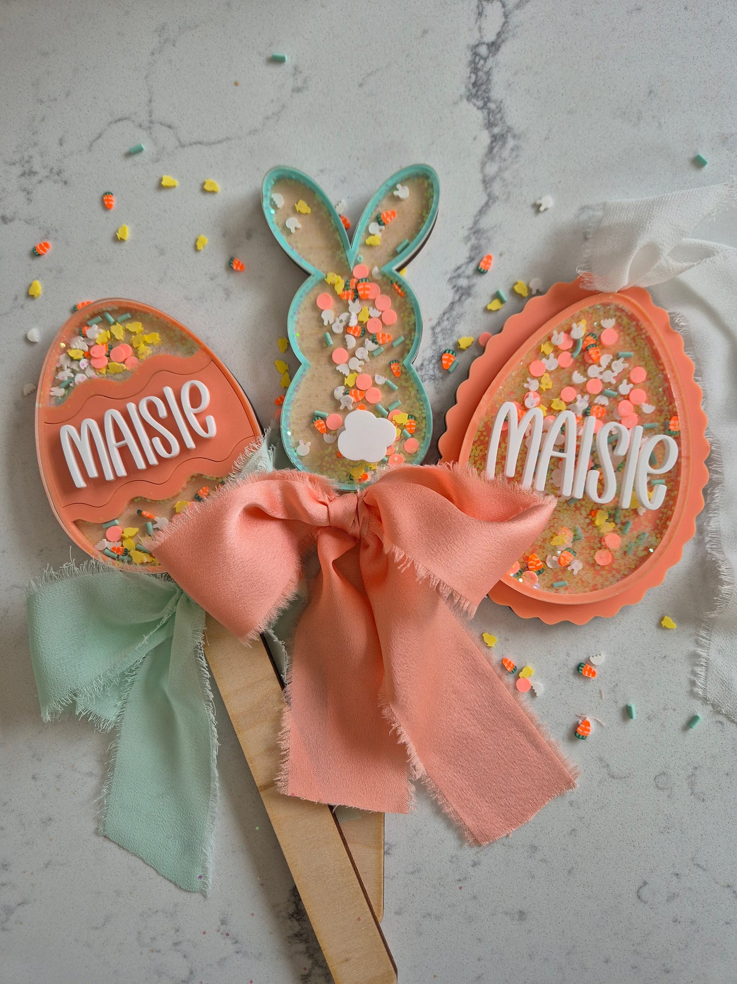 Personalised Easter Egg and Bunny Shaker Wands and Basket Tags - Peach and Mint Spring Theme