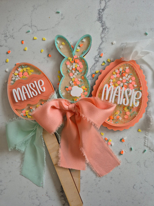 Personalised Easter Egg and Bunny Shaker Wands and Basket Tags - Peach and Mint Spring Theme