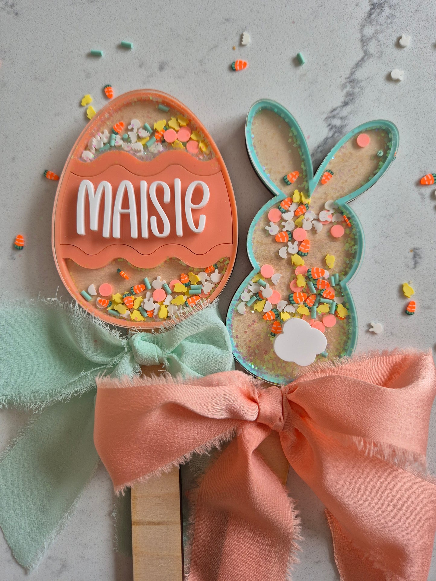 Personalised Easter Egg and Bunny Shaker Wands and Basket Tags - Peach and Mint Spring Theme