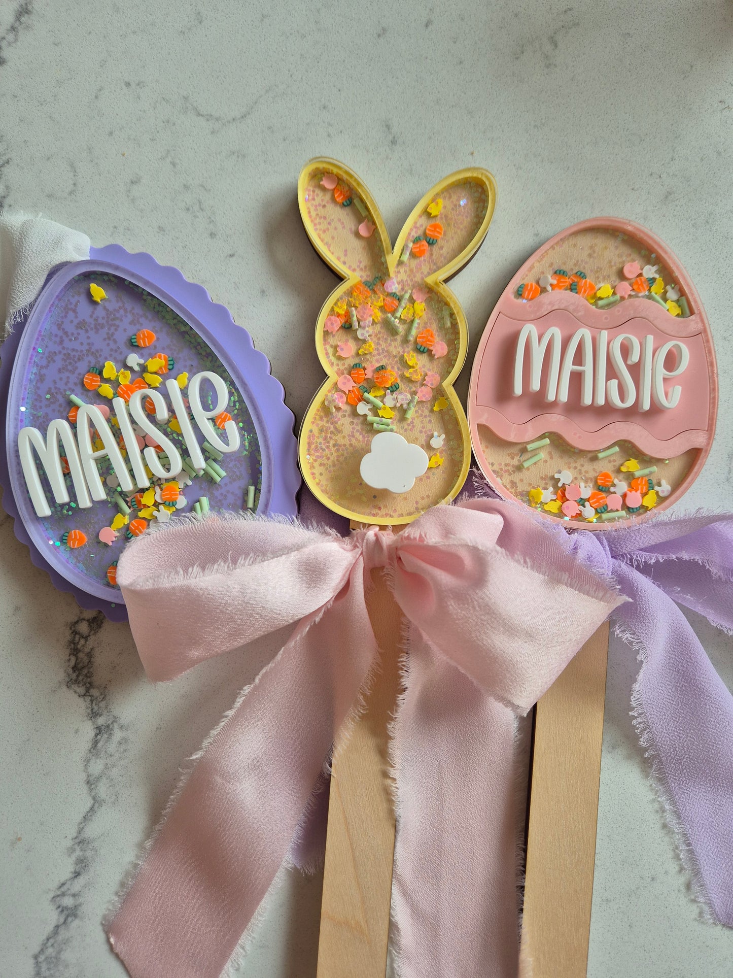 Personalised Easter Egg and Bunny Shaker Wands and Basket Tags - Pink, Lilac and Lemon Theme