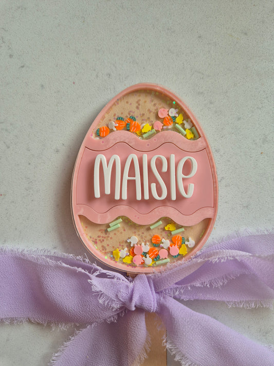 Personalised Easter Egg and Bunny Shaker Wands and Basket Tags - Pink, Lilac and Lemon Theme