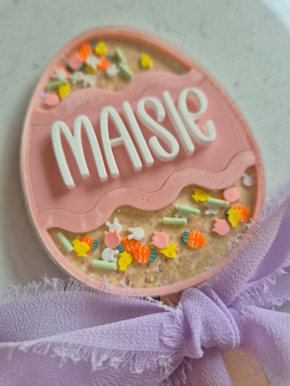 Personalised Easter Egg and Bunny Shaker Wands and Basket Tags - Pink, Lilac and Lemon Theme