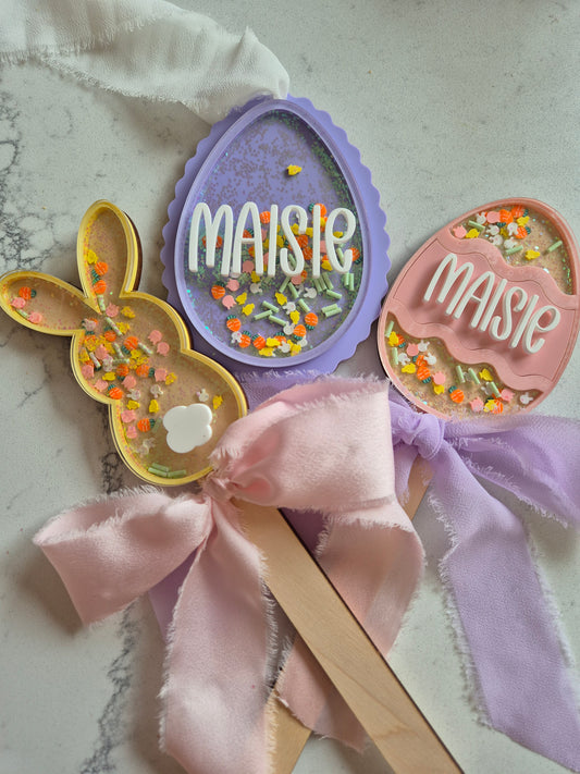 Personalised Easter Egg and Bunny Shaker Wands and Basket Tags - Pink, Lilac and Lemon Theme
