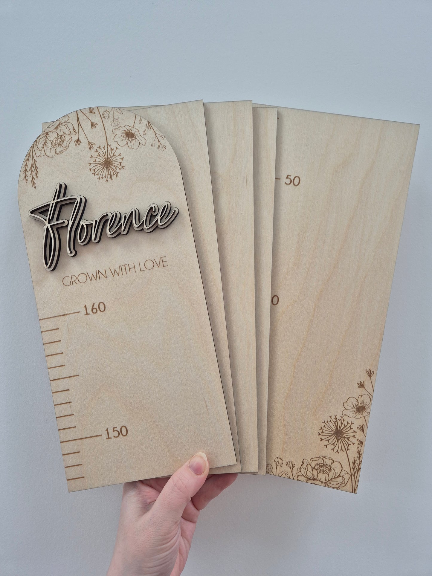 Personalised Wooden Height Chart - Floral Engraved Ruler for Nurseries and Playrooms