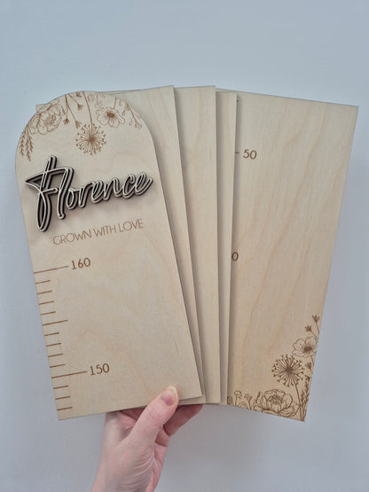 Personalised Wooden Height Chart - Floral Engraved Ruler for Nurseries and Playrooms