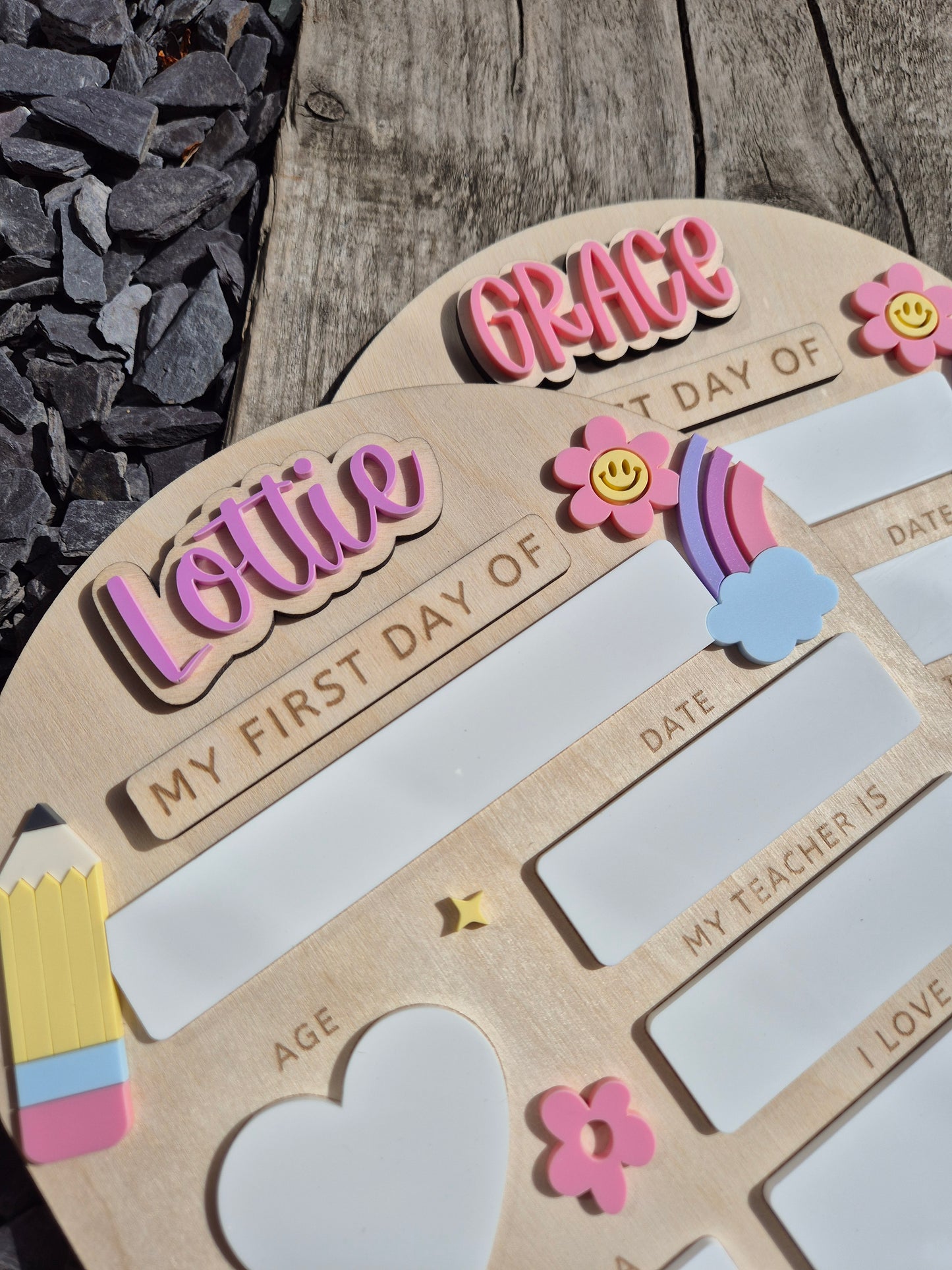 Personalised Pastel Rainbow Back to School Board - Reusable Wooden and Acrylic Sign