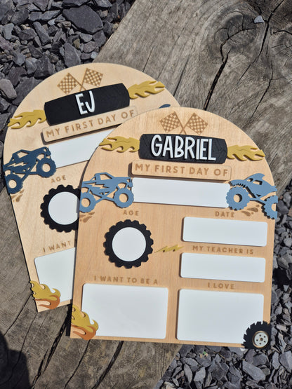 Personalised Monster Truck Back to School Board - Reusable Wooden and Acrylic Sign