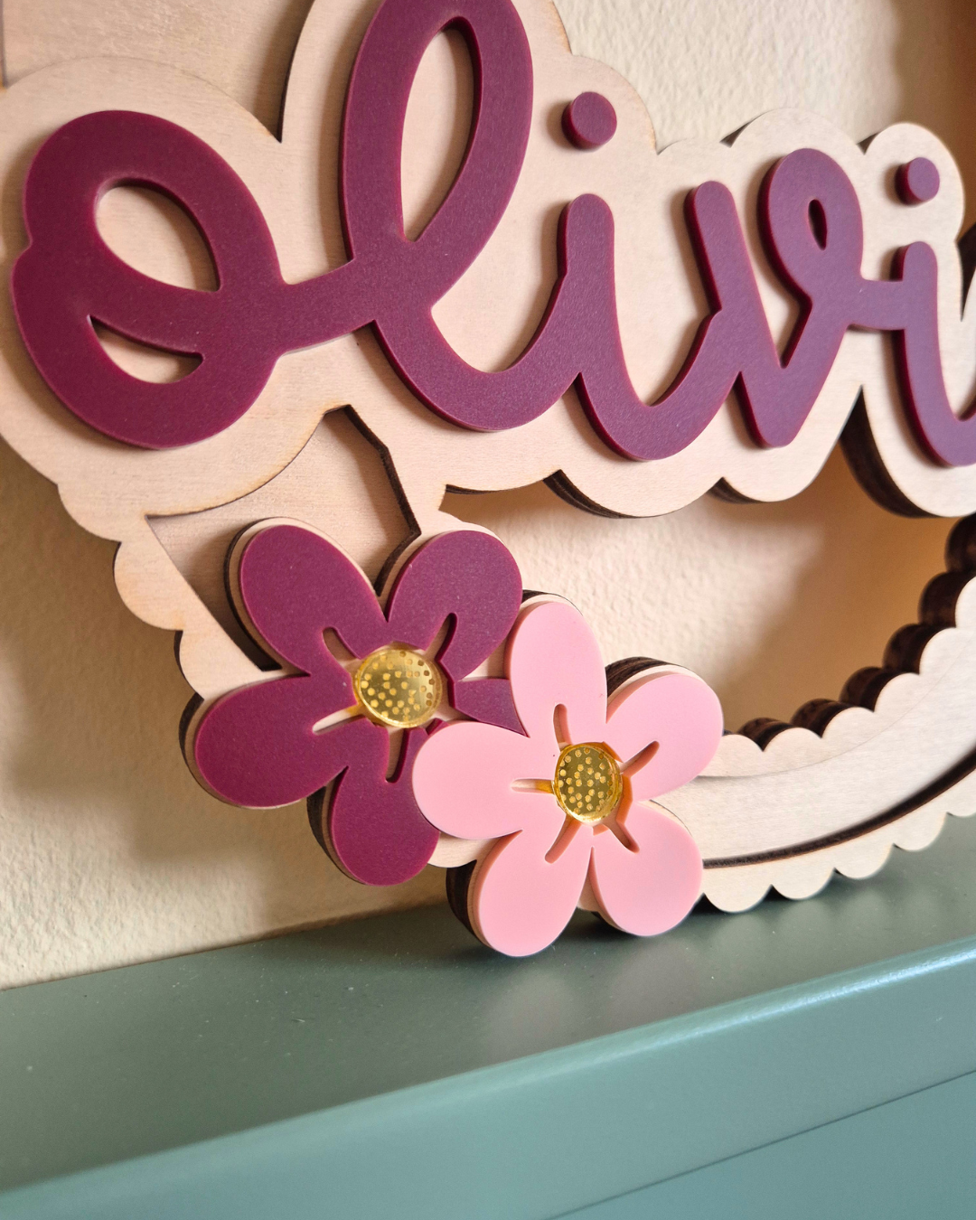 Coquette Bow, Cherry and Flower Scallop Monogram - Personalised Wooden and Acrylic Name Sign