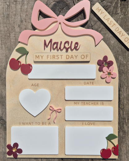 Personalised Coquette Bow and Cherries First and Last Day of School Board - Reusable Wooden and Acrylic Sign