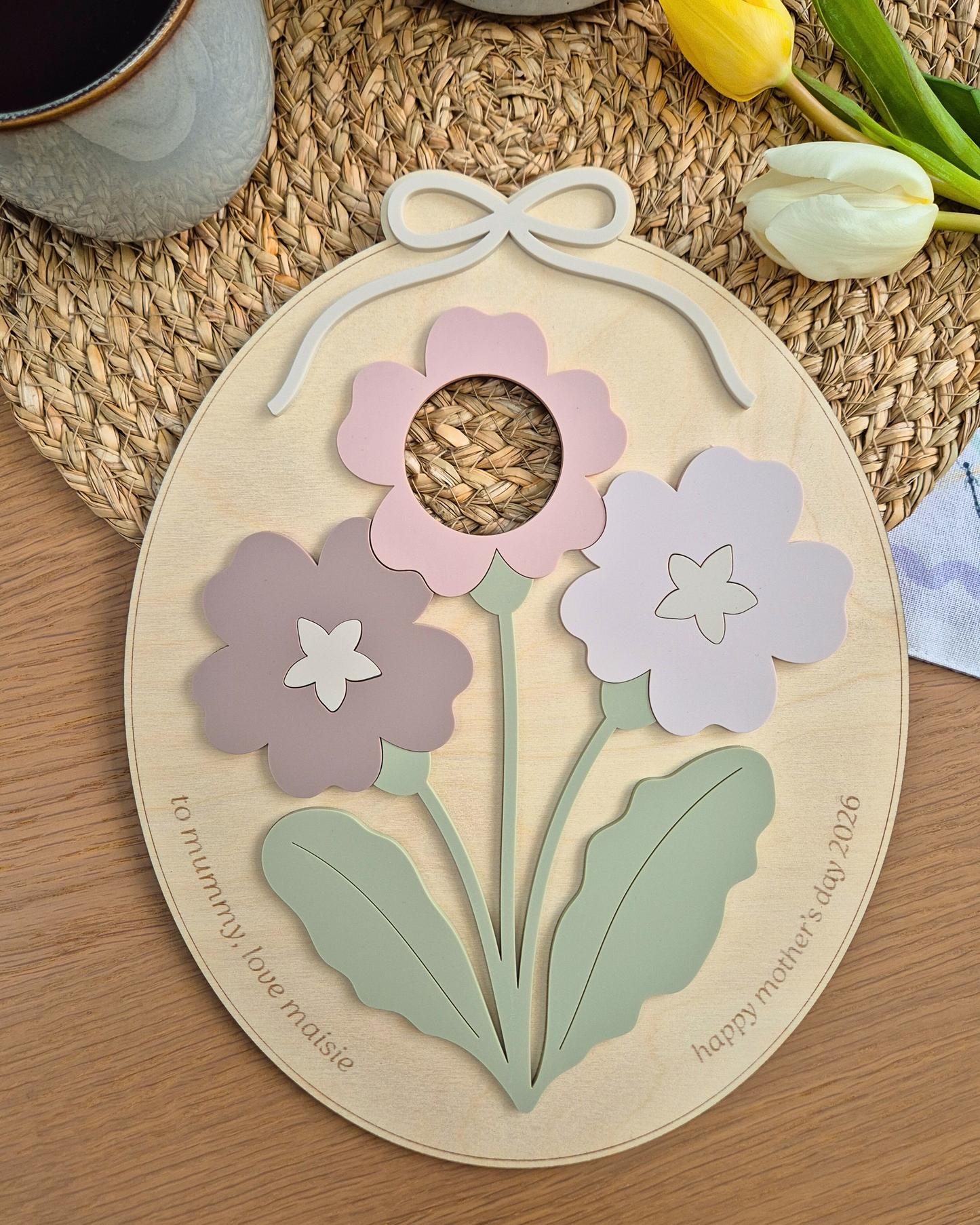 Mother's Day Photo Bouquet Plaque - Personalised Wooden and Acrylic Oval Floral Sign