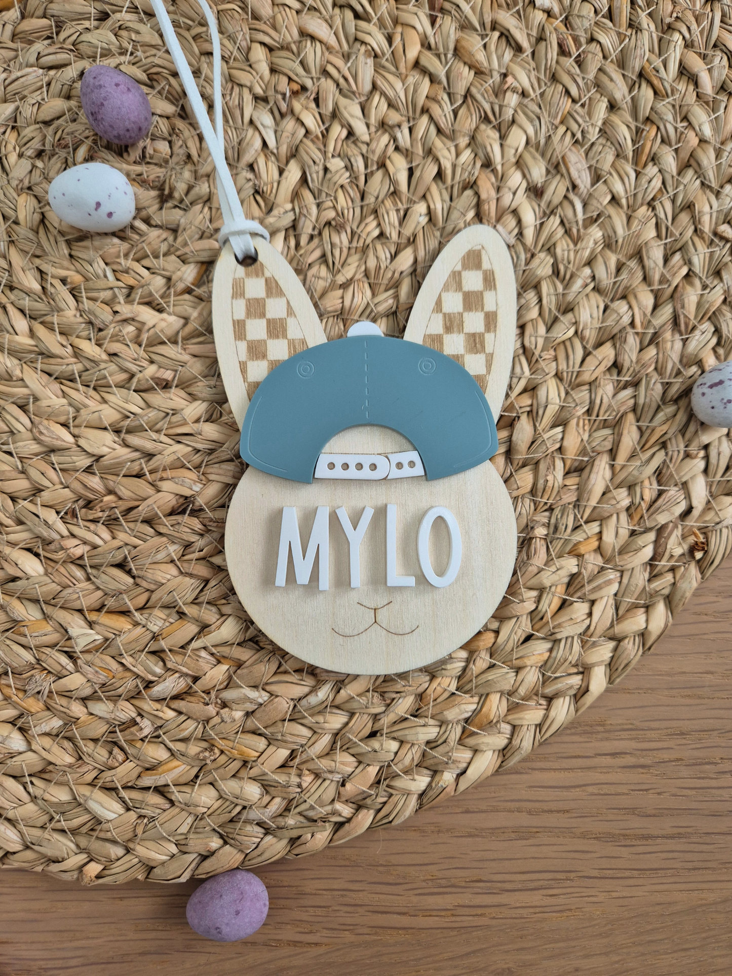 Cool Kid Easter Bunny Basket Name Tag - Personalised Wooden and Acrylic Keepsake