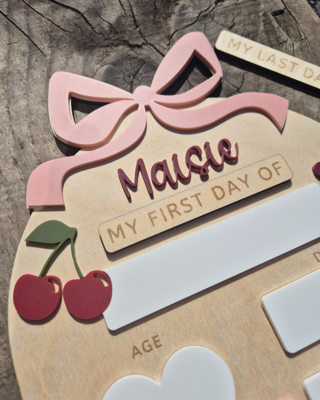 Personalised Coquette Bow and Cherries First and Last Day of School Board - Reusable Wooden and Acrylic Sign
