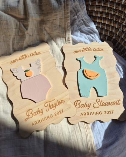 Orange Blossom Gender Reveal Pregnancy and Due Date Announcement - Wavy Wooden Sign