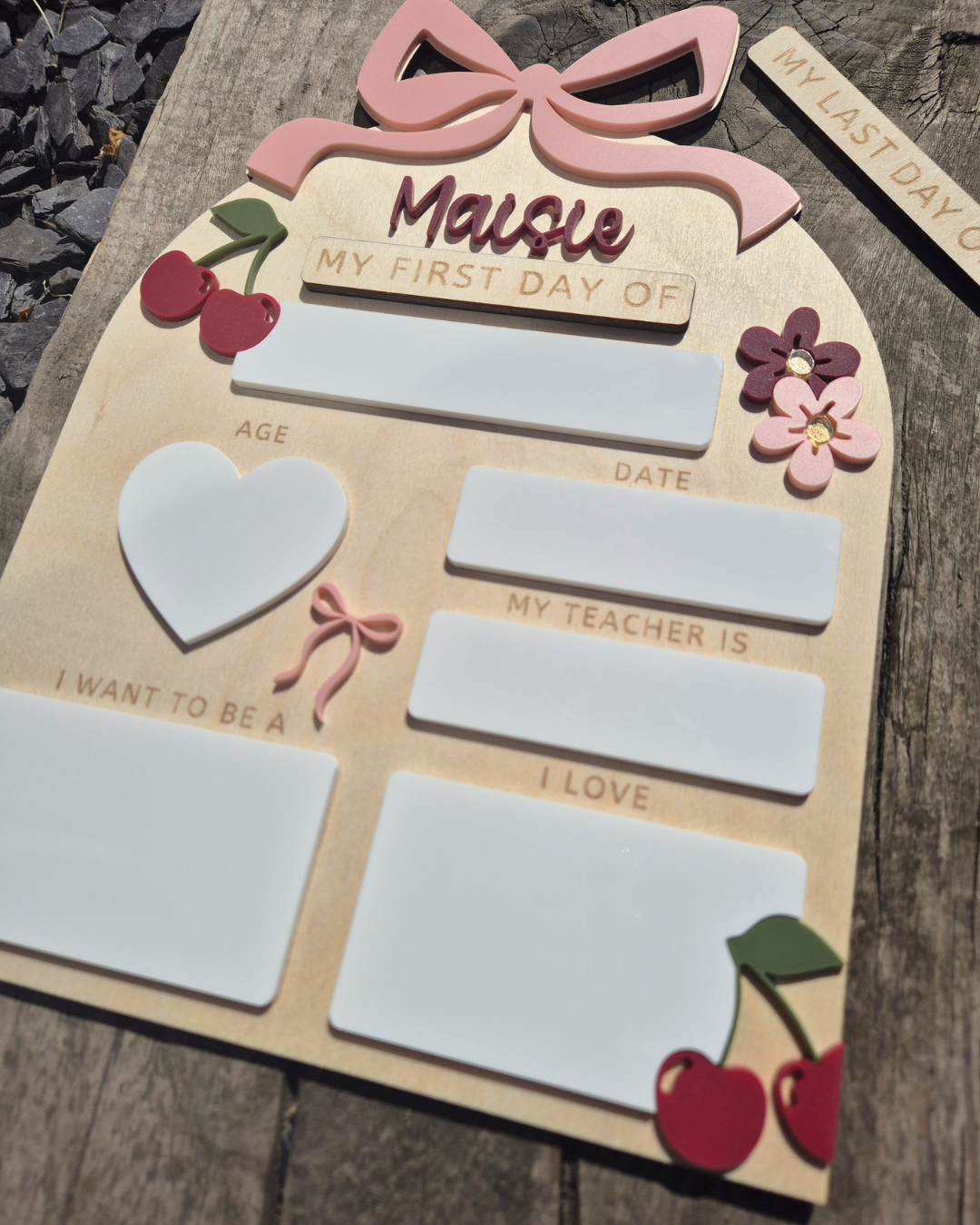 Personalised Coquette Bow and Cherries First and Last Day of School Board - Reusable Wooden and Acrylic Sign