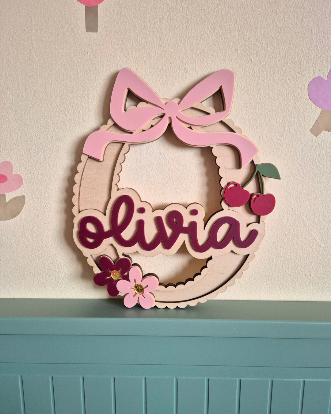 Coquette Bow, Cherry and Flower Scallop Monogram - Personalised Wooden and Acrylic Name Sign