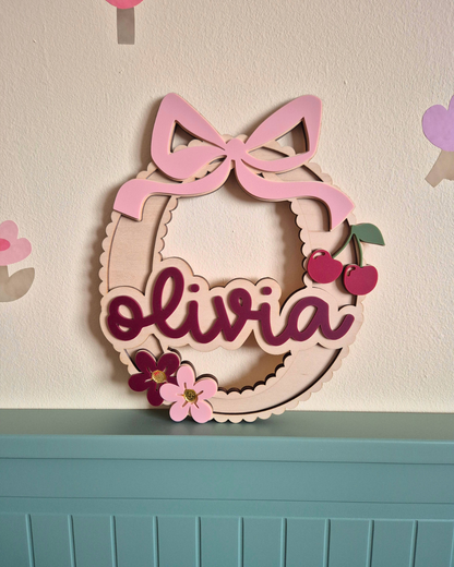 Coquette Bow, Cherry and Flower Scallop Monogram - Personalised Wooden and Acrylic Name Sign