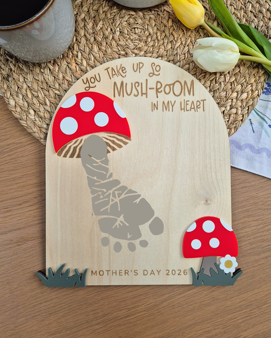 First Mother's Day Mushroom Baby Footprint Keepsake - Personalised Wooden and Acrylic Plaque