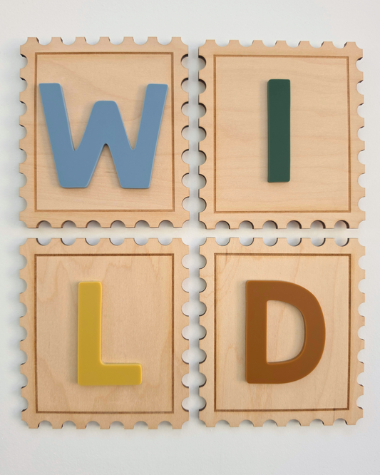 WILD Set of 4 Postage Stamp Monogram Signs - Wooden and Acrylic Decor