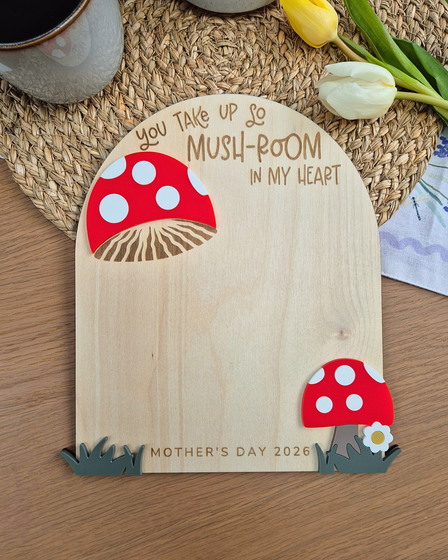 First Mother's Day Mushroom Baby Footprint Keepsake - Personalised Wooden and Acrylic Plaque