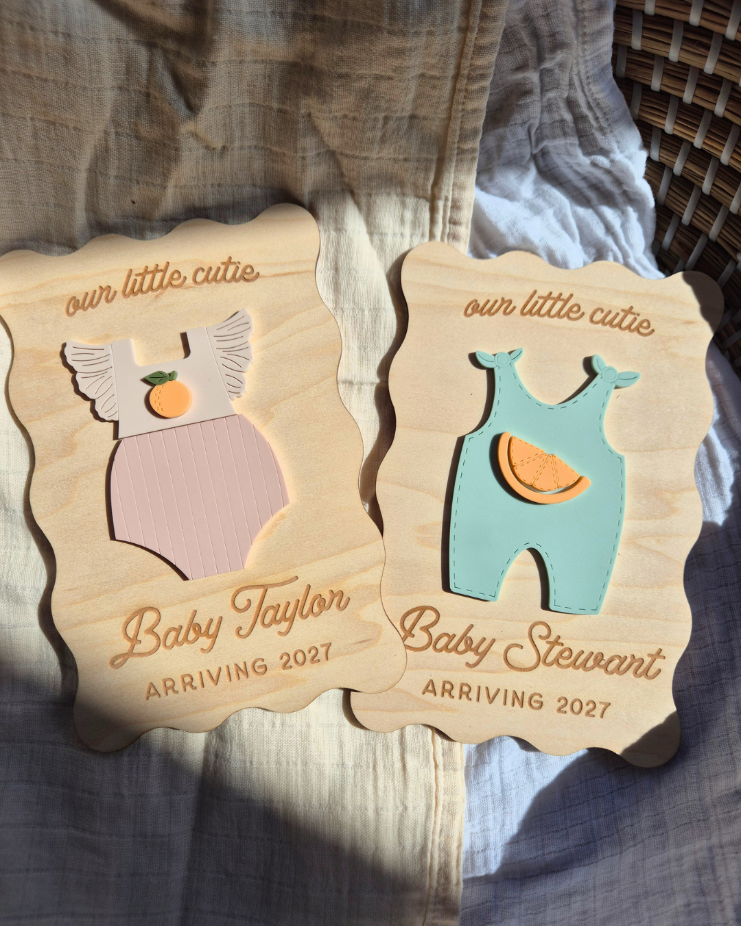 Orange Blossom Gender Reveal Pregnancy and Due Date Announcement - Wavy Wooden Sign
