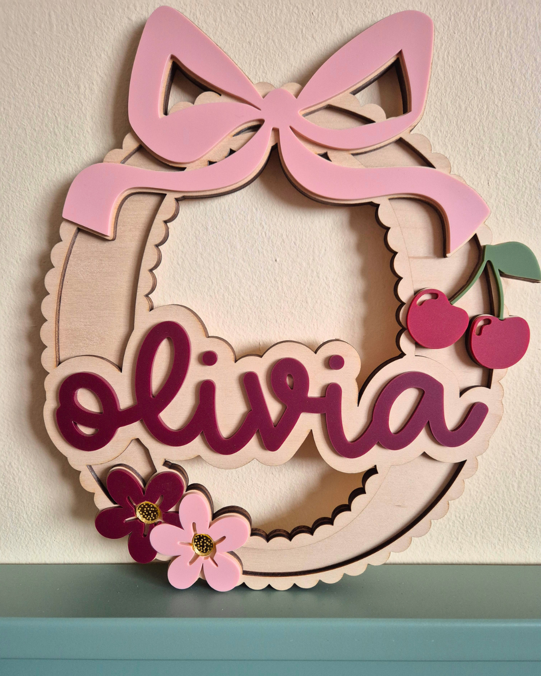 Coquette Bow, Cherry and Flower Scallop Monogram - Personalised Wooden and Acrylic Name Sign
