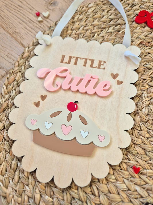 Little Cutie Pie Hanging Sign - Scallop Edge Wooden and Acrylic Banner