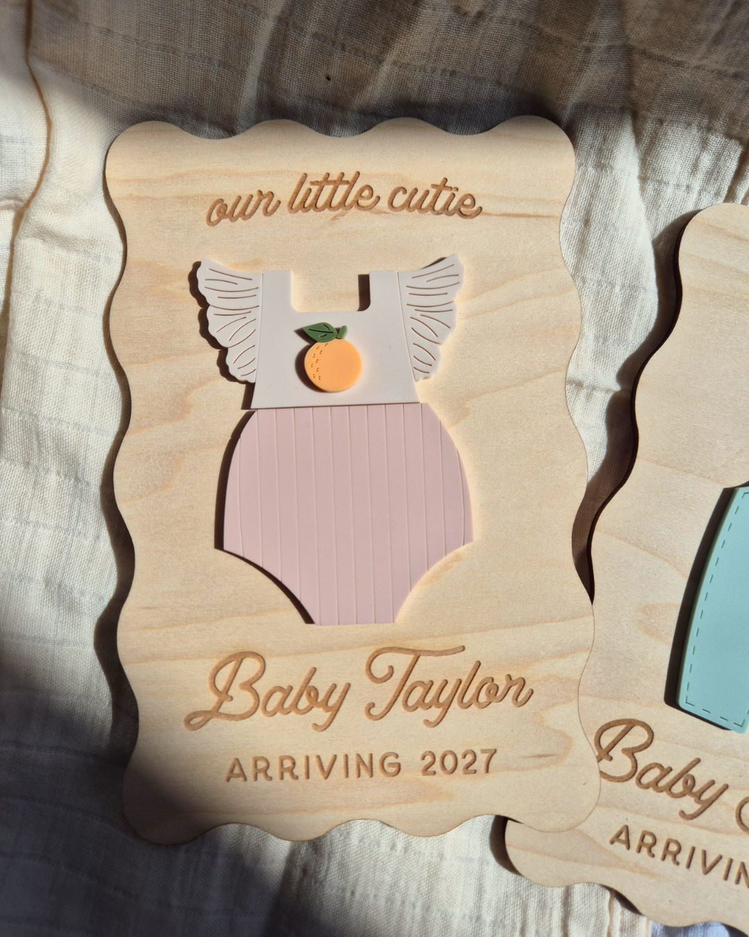 Orange Blossom Gender Reveal Pregnancy and Due Date Announcement - Wavy Wooden Sign