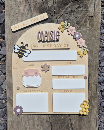 Personalised Floral Honeybee Back to School Board - Reusable Wooden and Acrylic Sign