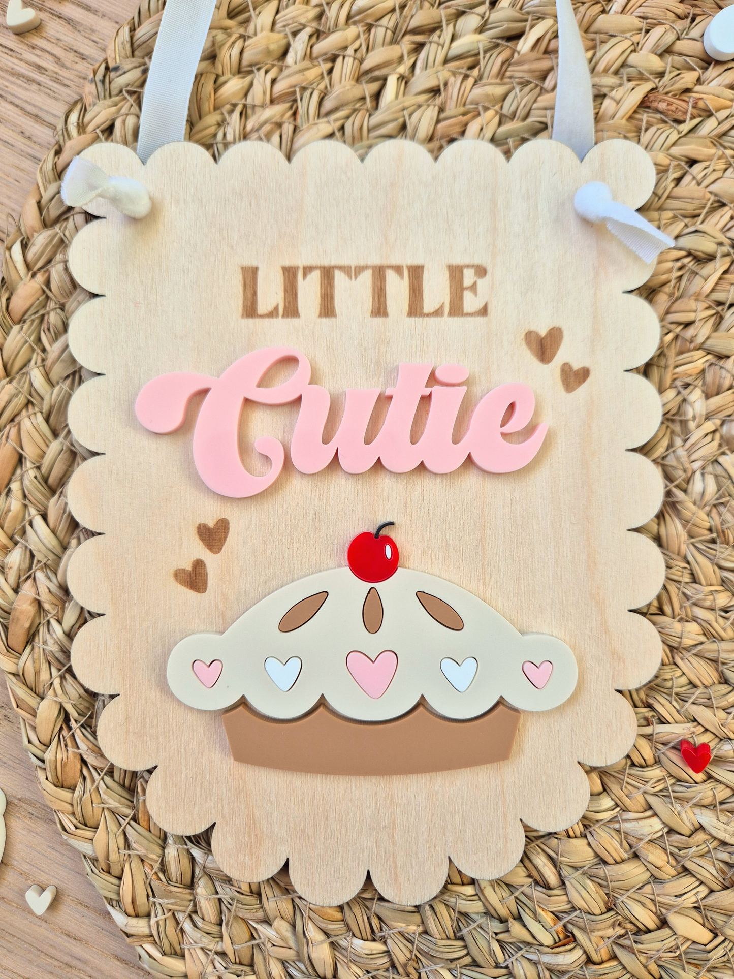 Little Cutie Pie Hanging Sign - Scallop Edge Wooden and Acrylic Banner