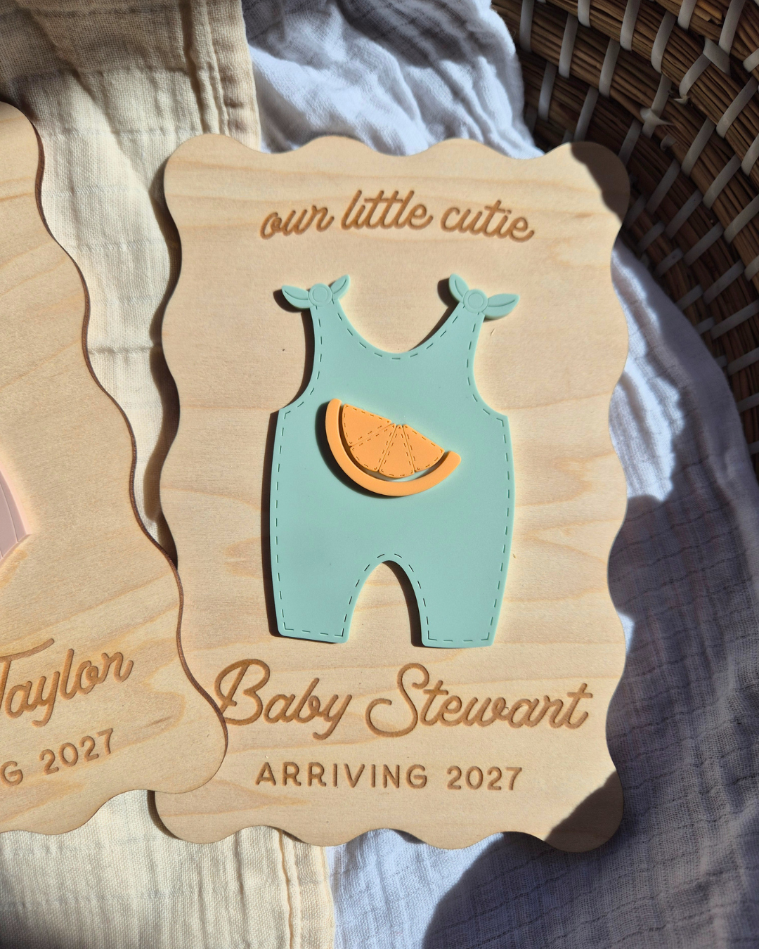 Orange Blossom Gender Reveal Pregnancy and Due Date Announcement - Wavy Wooden Sign