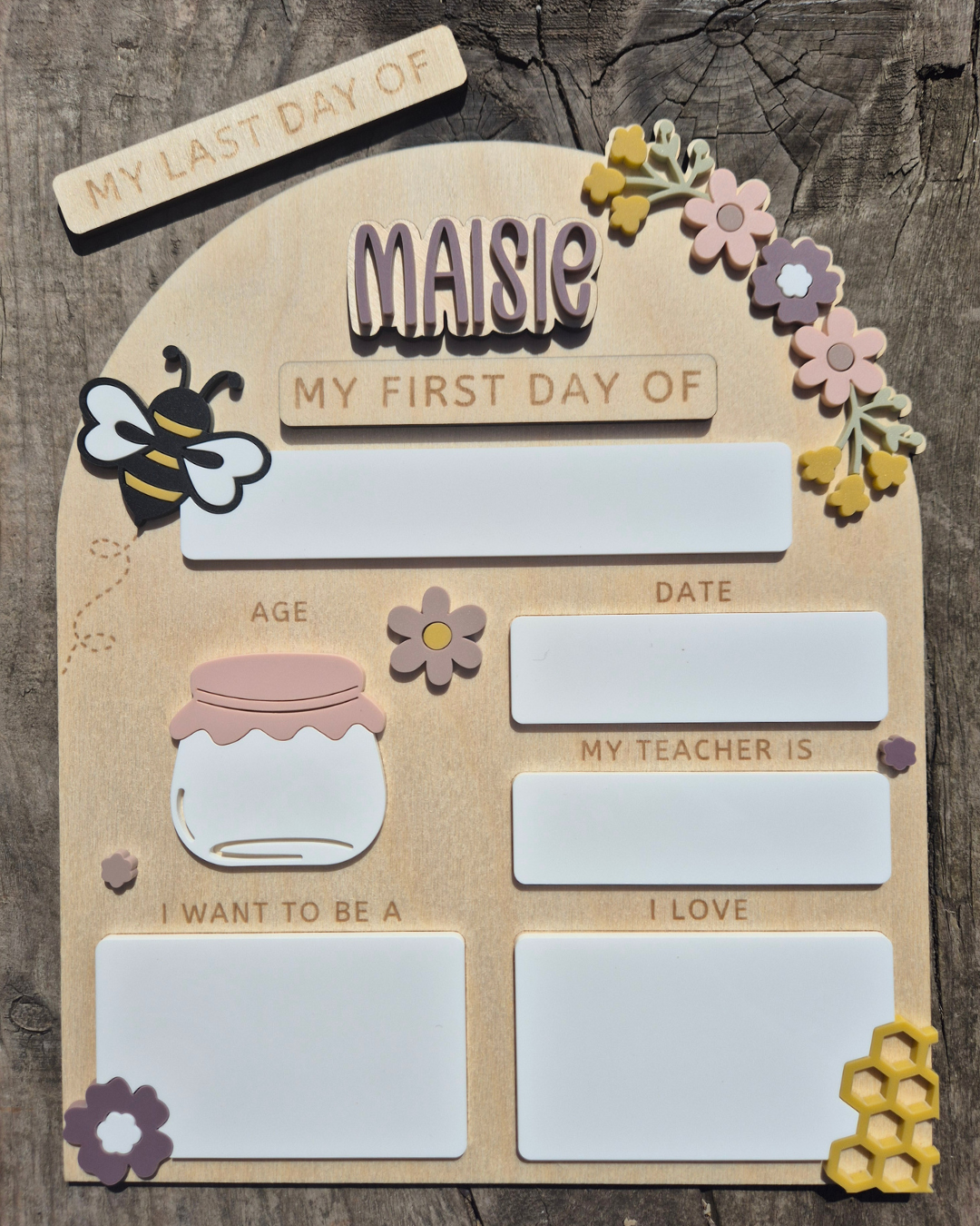 Personalised Floral Honeybee Back to School Board - Reusable Wooden and Acrylic Sign