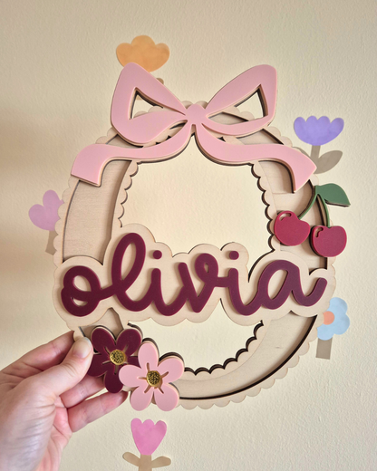 Coquette Bow, Cherry and Flower Scallop Monogram - Personalised Wooden and Acrylic Name Sign