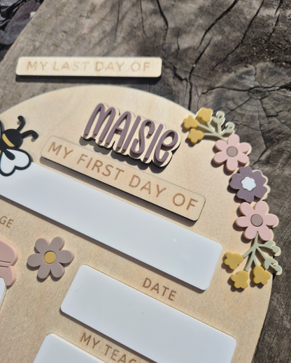 Personalised Floral Honeybee Back to School Board - Reusable Wooden and Acrylic Sign