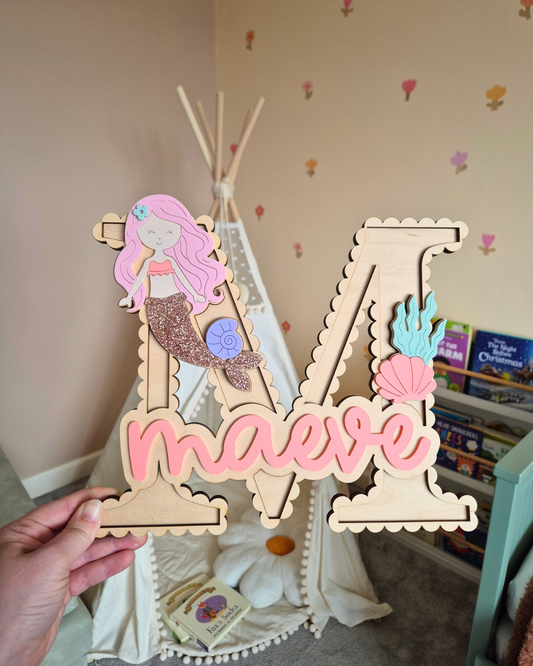 Mermaid and Shells Scallop Monogram - Personalised Wooden and Acrylic Name Sign