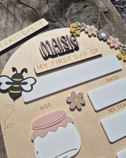 Personalised Floral Honeybee Back to School Board - Reusable Wooden and Acrylic Sign