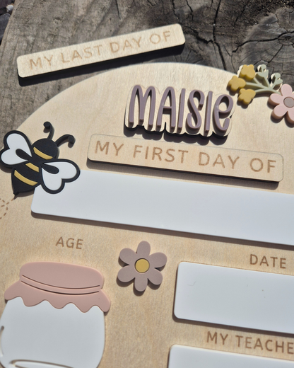 Personalised Floral Honeybee Back to School Board - Reusable Wooden and Acrylic Sign
