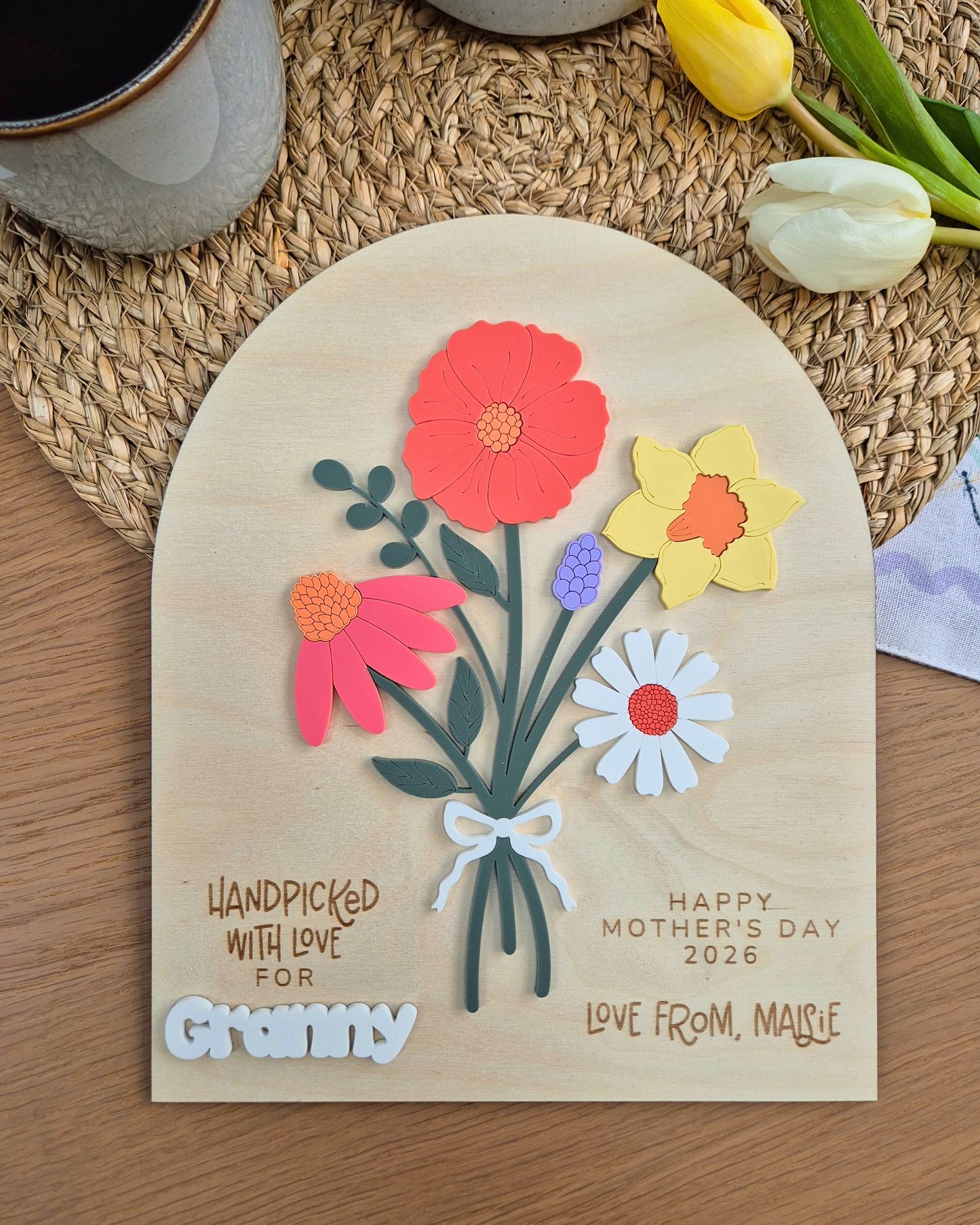 Forever Flower Bouquet Mother's Day Plaque - Personalised Wooden and Acrylic Birthday Floral Sign