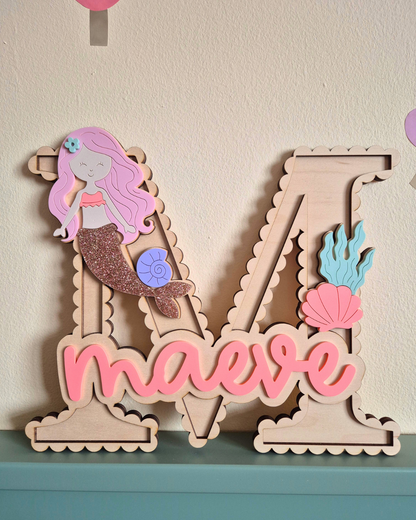 Mermaid and Shells Scallop Monogram - Personalised Wooden and Acrylic Name Sign